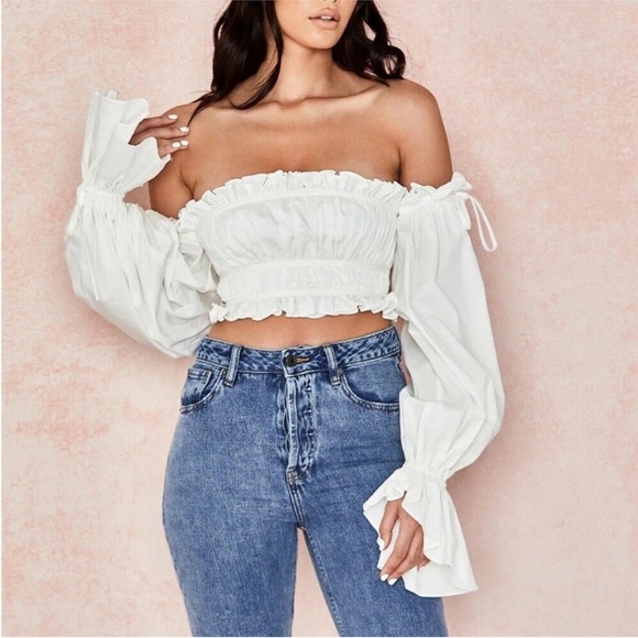 NWOT House of CB Tula Ruched Off‎ Shoulder Top White Small - Picture 11 of 12